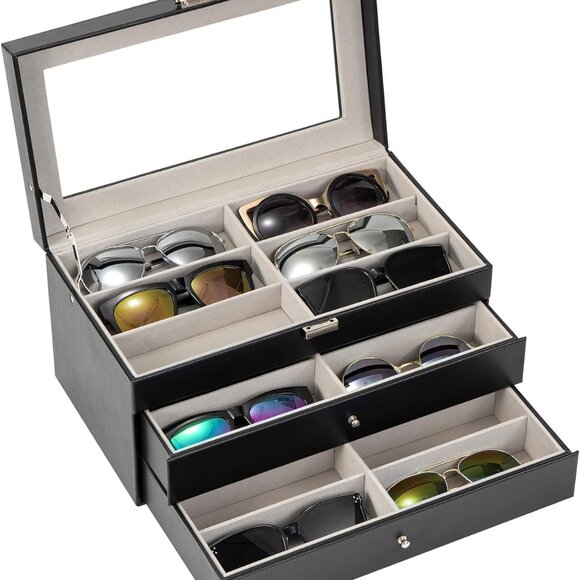 3-layer Sunglasses Storage Organizer, 18 Slots Leather Sunglass Box Multiple Pai